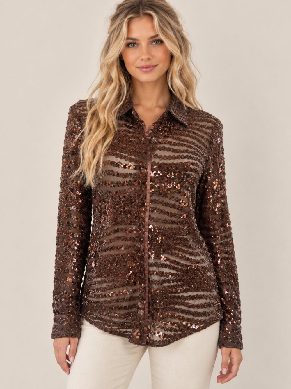 Le Superbe Anthropologie Ex Express Bronze Sequin Sheer Button-Down Shirt M NWT